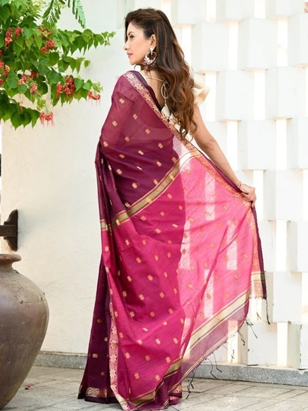 Handloom Floral Buta Cotton Silk Saree - Free, Red Violet & Magenta