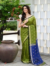 Handloom Floral Buta Cotton Silk Saree - Free, Olive & Blue