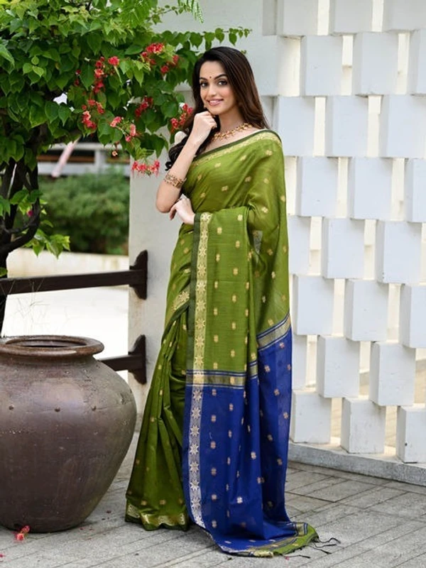 Handloom Floral Buta Cotton Silk Saree - Free, Olive & Blue