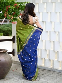 Handloom Floral Buta Cotton Silk Saree - Free, Olive & Blue