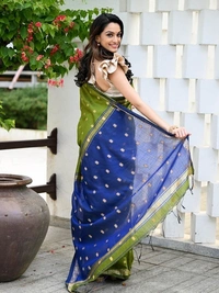 Handloom Floral Buta Cotton Silk Saree - Free, Olive & Blue