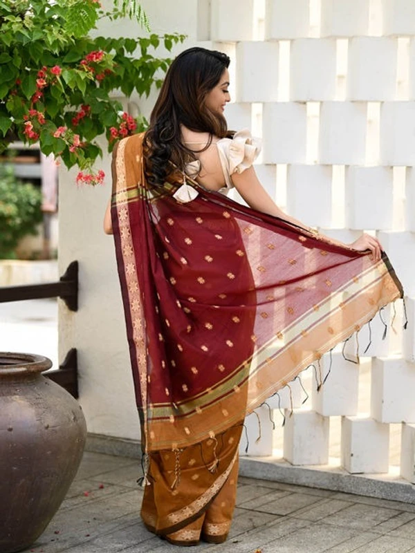 Handloom Floral Buta Cotton Silk Saree - Free, Sahara & Brown