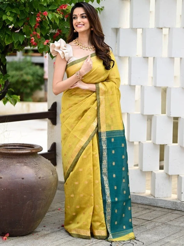 Handloom Floral Buta Cotton Silk Saree - Free, Gold & Sea Green