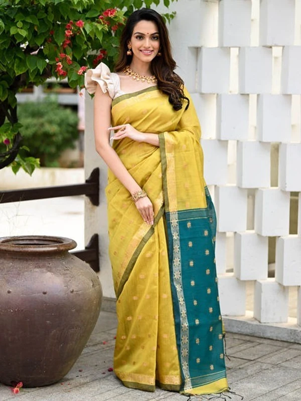 Handloom Floral Buta Cotton Silk Saree - Free, Gold & Sea Green