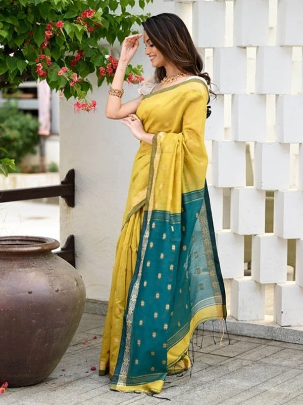 Handloom Floral Buta Cotton Silk Saree - Free, Gold & Sea Green