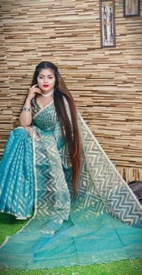 Handloom ZigZag Zari Woven Jamdani - 5.5 Meter, Seagull