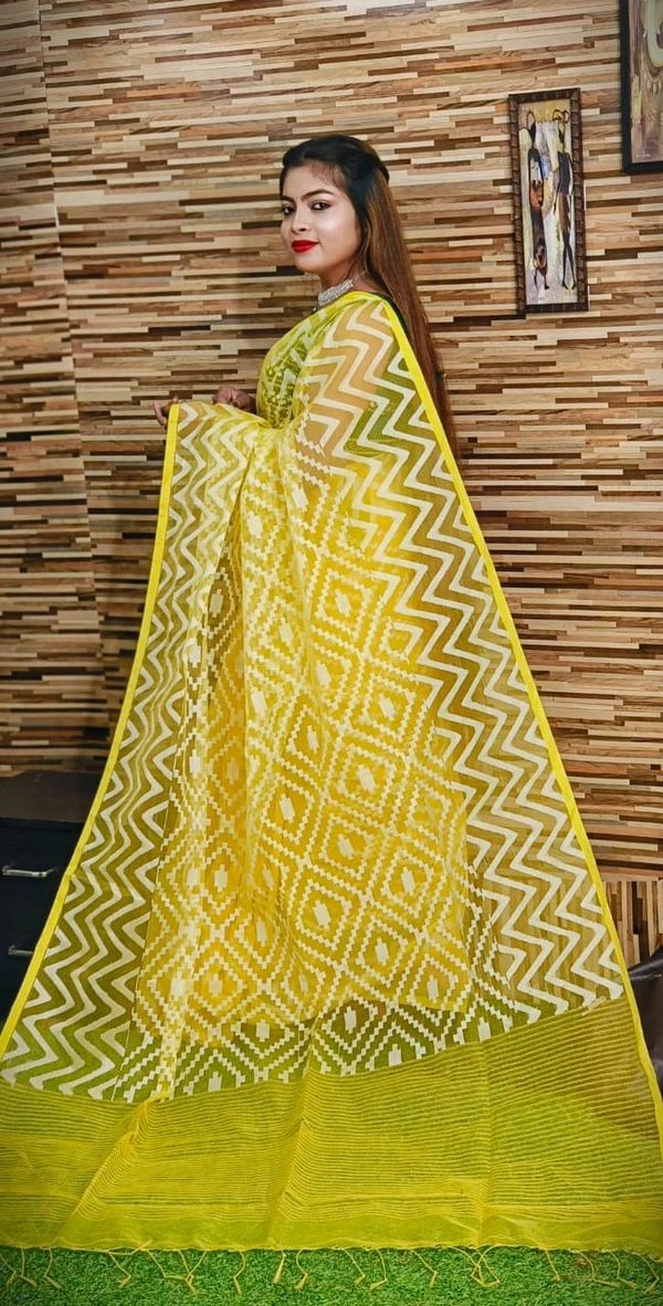 Handloom ZigZag Zari Woven Jamdani - 5.5 Meter, Yellow