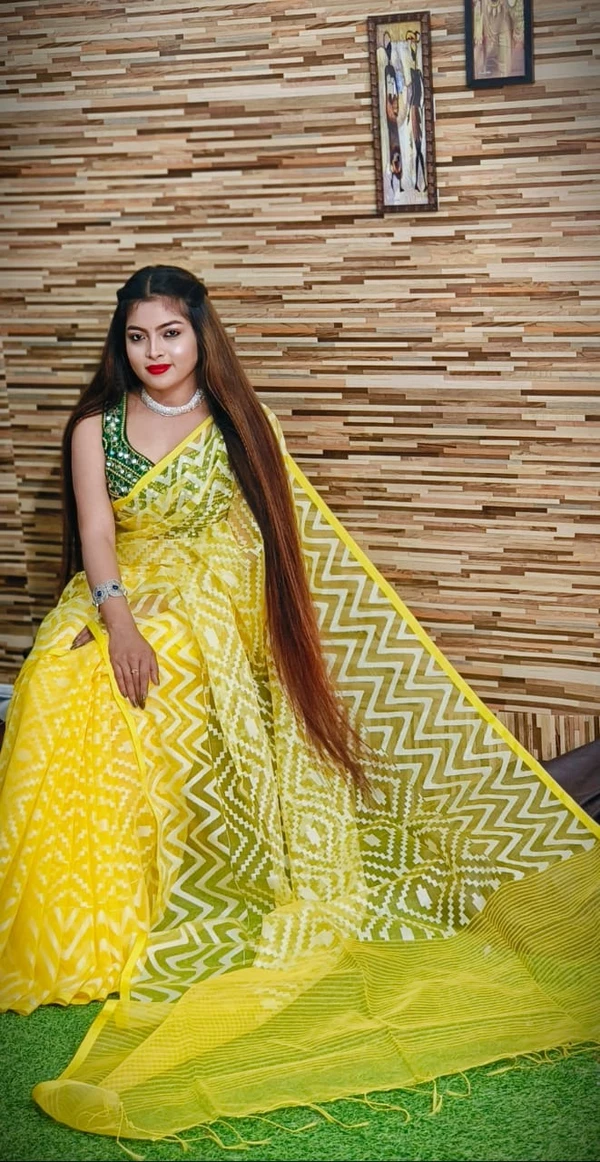 Handloom ZigZag Zari Woven Jamdani - 5.5 Meter, Yellow