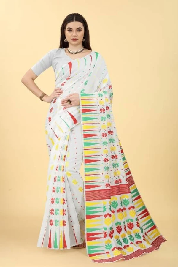 Handloom Zari Woven Mina Jamdani - 5.5 Meter, White, Soft