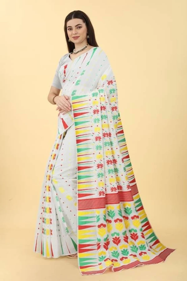 Handloom Zari Woven Mina Jamdani - 5.5 Meter, White, Hard