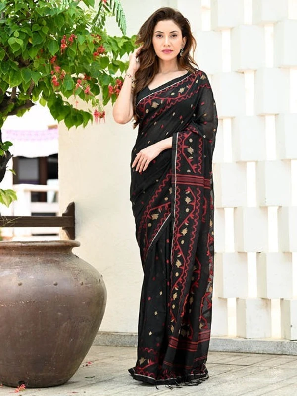 Handloom Cotton Nayantara Jamdani Polka Dot Saree - Free, Black, Soft