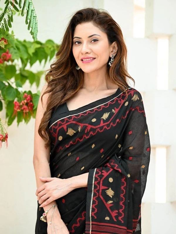 Handloom Cotton Nayantara Jamdani Polka Dot Saree - Free, Black, Soft