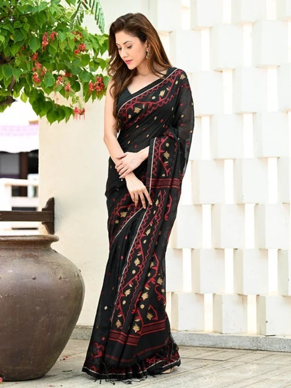 Handloom Cotton Nayantara Jamdani Polka Dot Saree - Free, Black, Soft