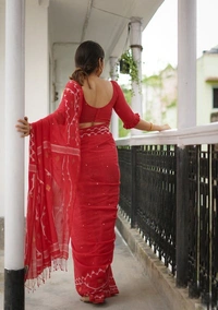 Handloom Cotton Nayantara Jamdani Polka Dot Saree - Free, Red, Soft