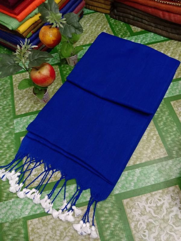 Handloom Solid Color Contrast Long Tassel Saree - Free, Blue