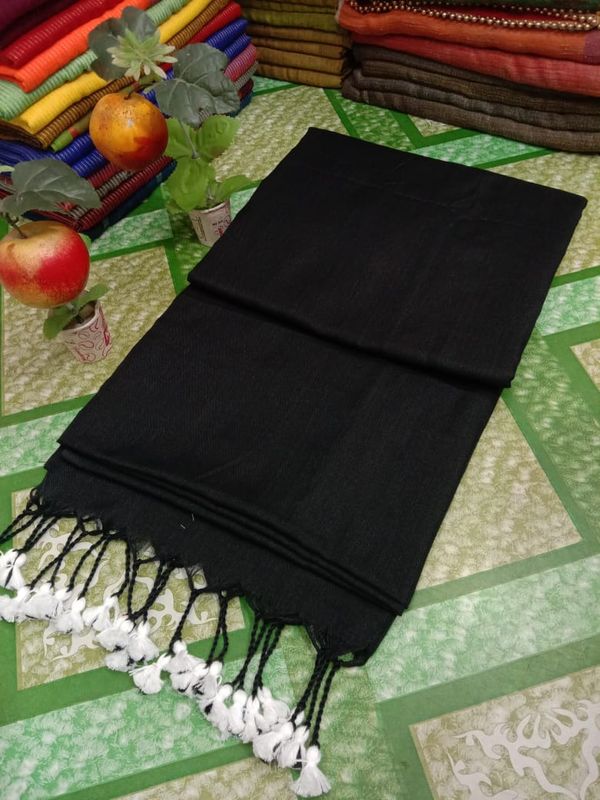 Handloom Solid Color Contrast Long Tassel Saree - Free, Black