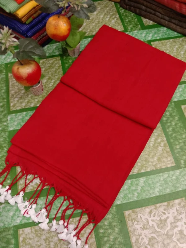 Handloom Solid Color Contrast Long Tassel Saree - Red