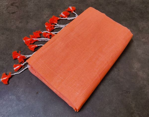 Handloom Solid Color Long Tassel Saree - Free, Web Orange
