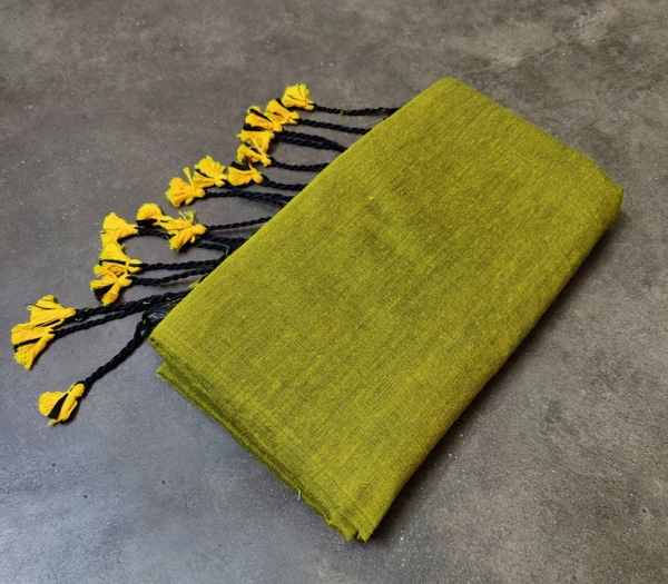 Handloom Solid Color Long Tassel Saree - Free, Olive