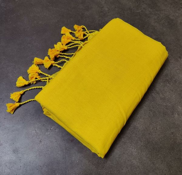 Handloom Solid Color Long Tassel Saree - Free, Yellow