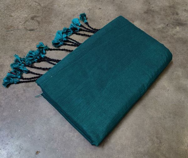 Handloom Solid Color Long Tassel Saree - Free, Cardin Green