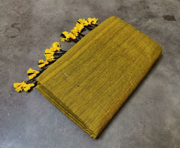 Handloom Solid Color Long Tassel Saree - Free, Olive