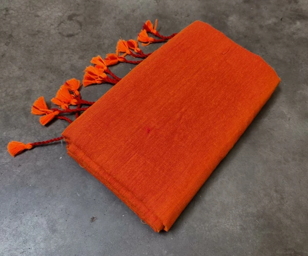 Handloom Solid Color Long Tassel Saree - Free, Blaze Orange