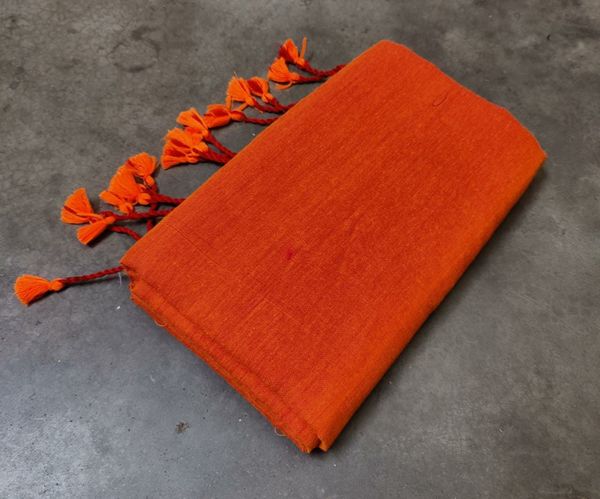 Handloom Solid Color Long Tassel Saree - Free, Blaze Orange