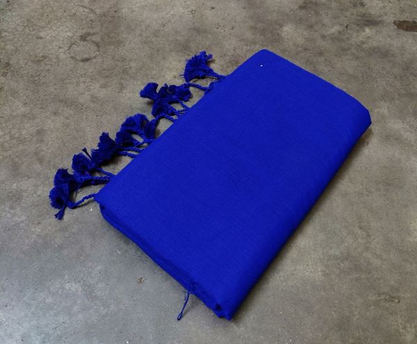 Handloom Solid Color Long Tassel Saree - Free, Blue