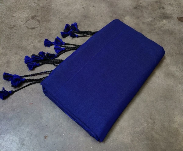 Handloom Solid Color Long Tassel Saree - Free, Navy Blue