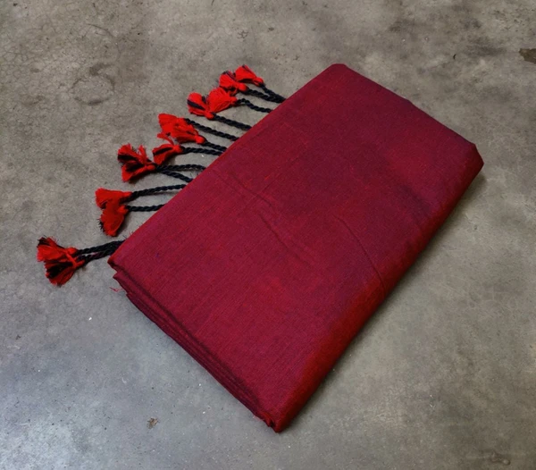 Handloom Solid Color Long Tassel Saree - Free, Bright Red