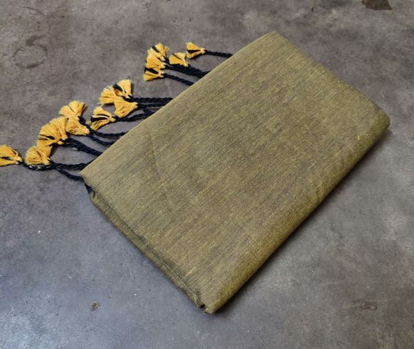 Handloom Solid Color Long Tassel Saree - Free, Green Smoke
