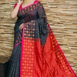Handloom Floral Buta Cotton Silk Saree - Free, Black & Red