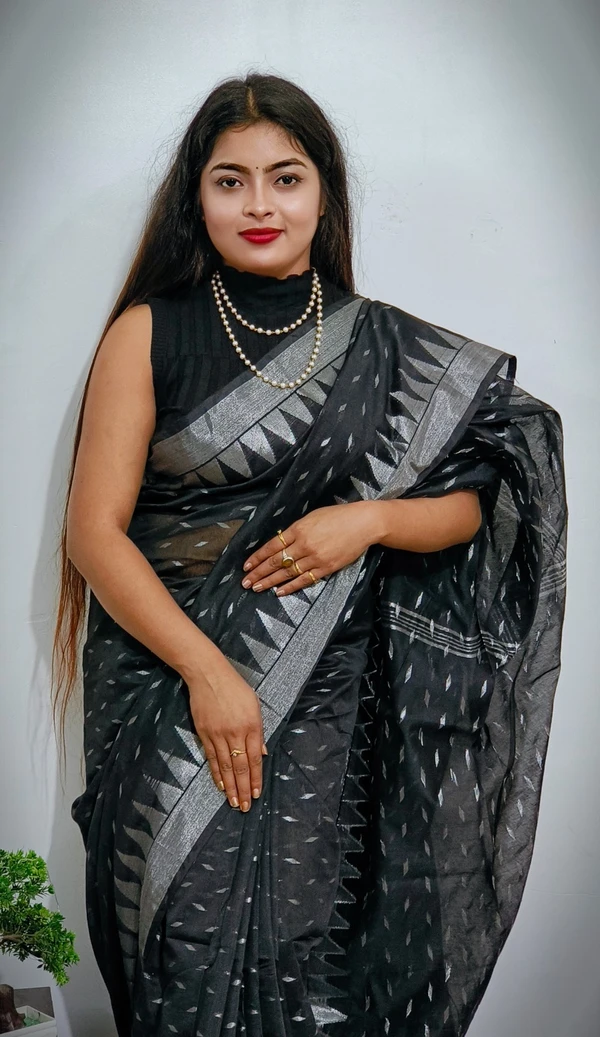 Handloom Temple Border Cotton Silk Saree - Free, Black