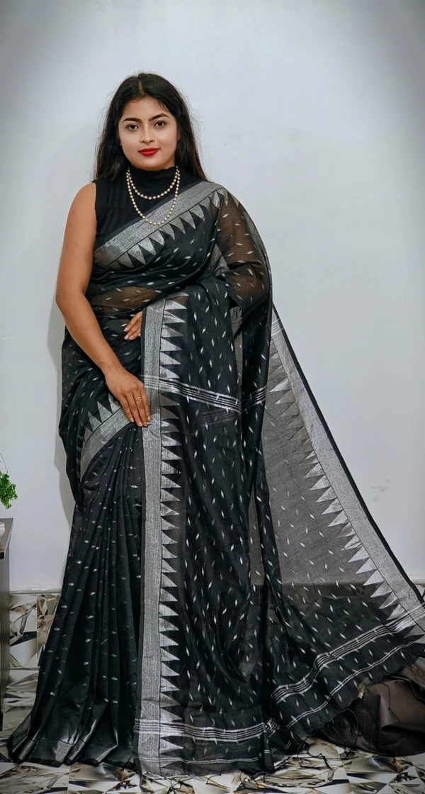 Handloom Temple Border Cotton Silk Saree - Free, Black