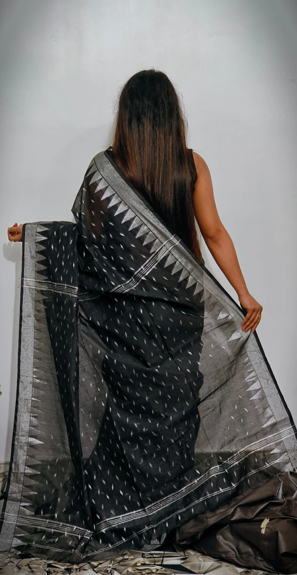 Handloom Temple Border Cotton Silk Saree - Free, Black