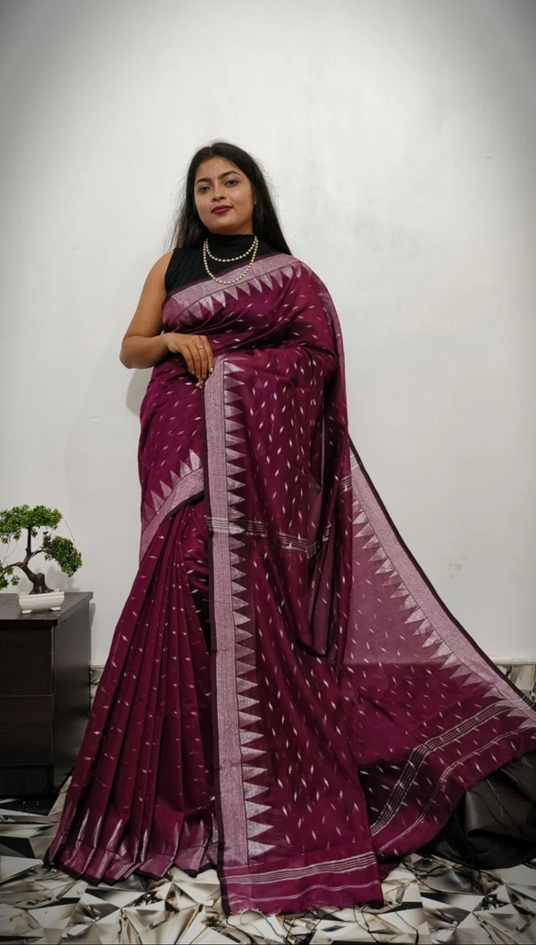 Handloom Temple Border Cotton Silk Saree - Free, Maroon