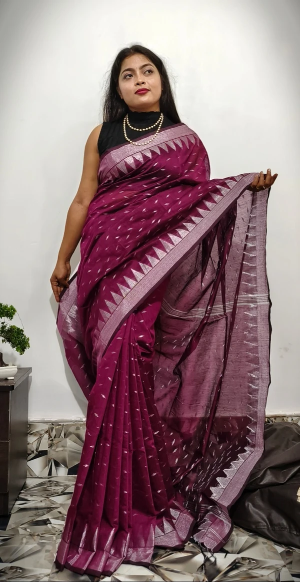 Handloom Temple Border Cotton Silk Saree - Free, Maroon