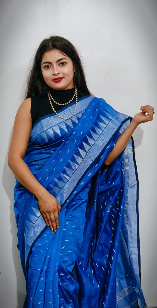 Handloom Temple Border Cotton Silk Saree - Free, Blue