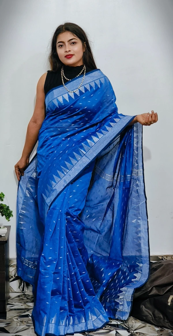 Handloom Temple Border Cotton Silk Saree - Free, Blue