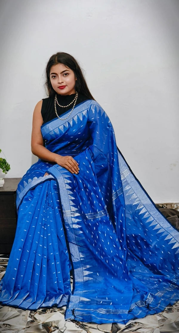 Handloom Temple Border Cotton Silk Saree - Free, Blue