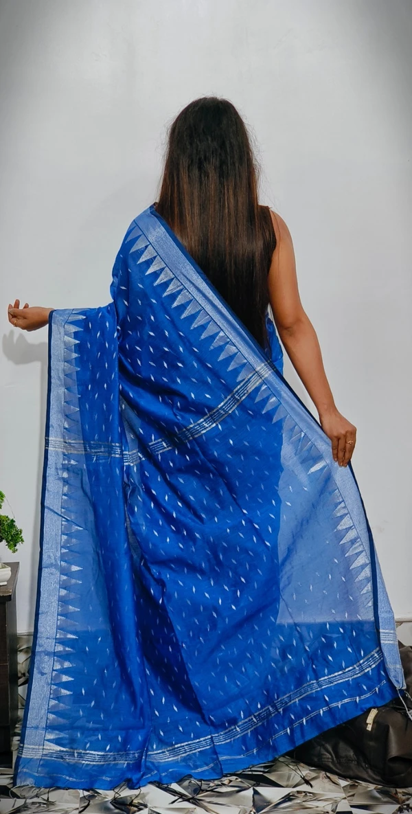 Handloom Temple Border Cotton Silk Saree - Free, Blue