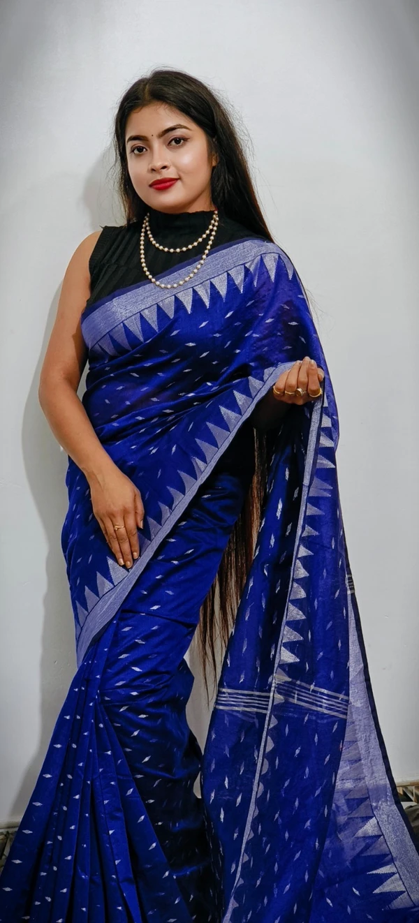 Handloom Temple Border Cotton Silk Saree - Free, Navy Blue