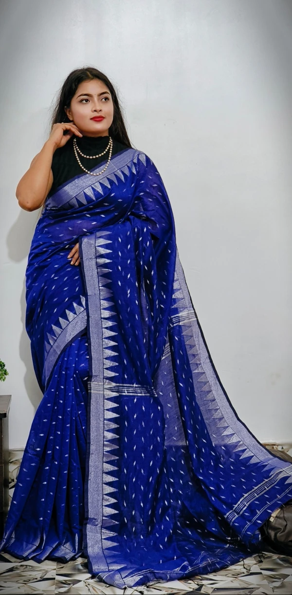 Handloom Temple Border Cotton Silk Saree - Free, Navy Blue