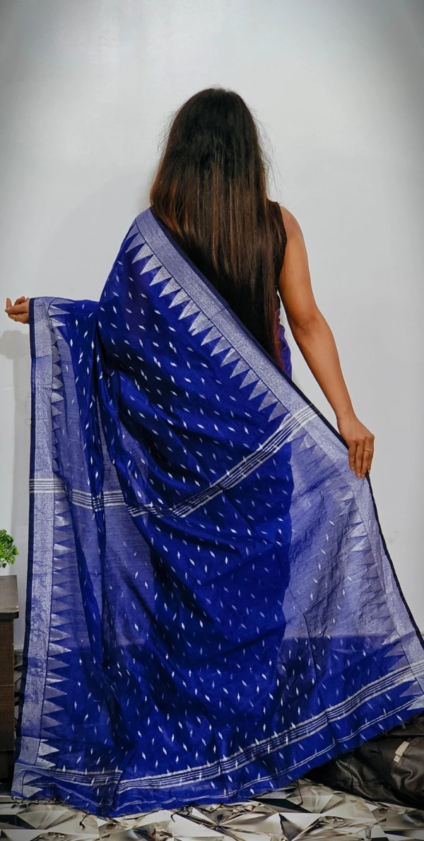 Handloom Temple Border Cotton Silk Saree - Free, Navy Blue
