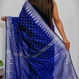 Handloom Temple Border Cotton Silk Saree - Free, Navy Blue