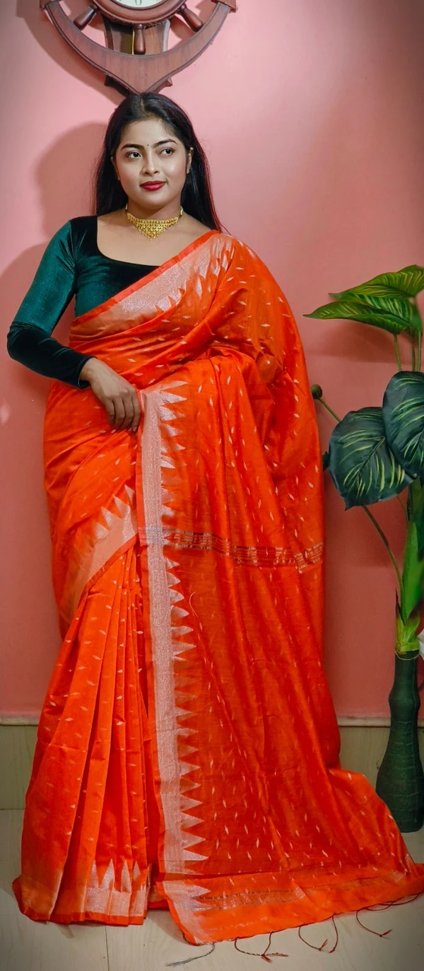 Handloom Temple Border Cotton Silk Saree - Free, Web Orange