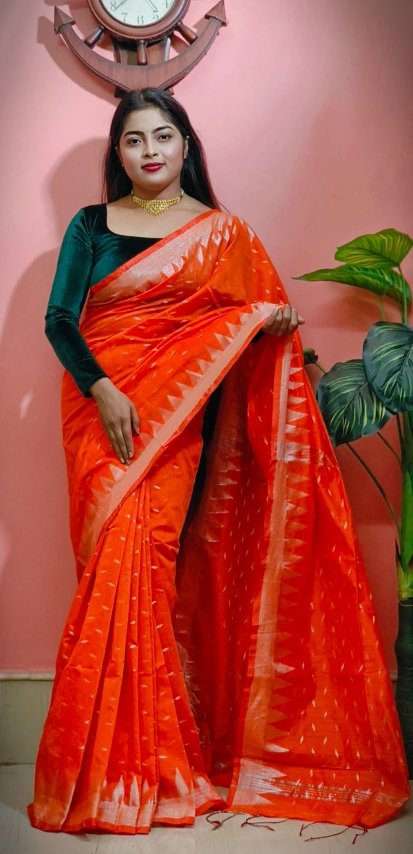 Handloom Temple Border Cotton Silk Saree - Free, Web Orange