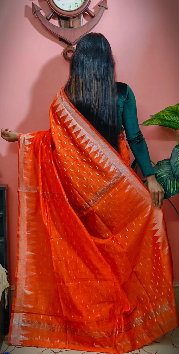 Handloom Temple Border Cotton Silk Saree - Free, Web Orange