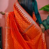 Handloom Temple Border Cotton Silk Saree - Free, Web Orange